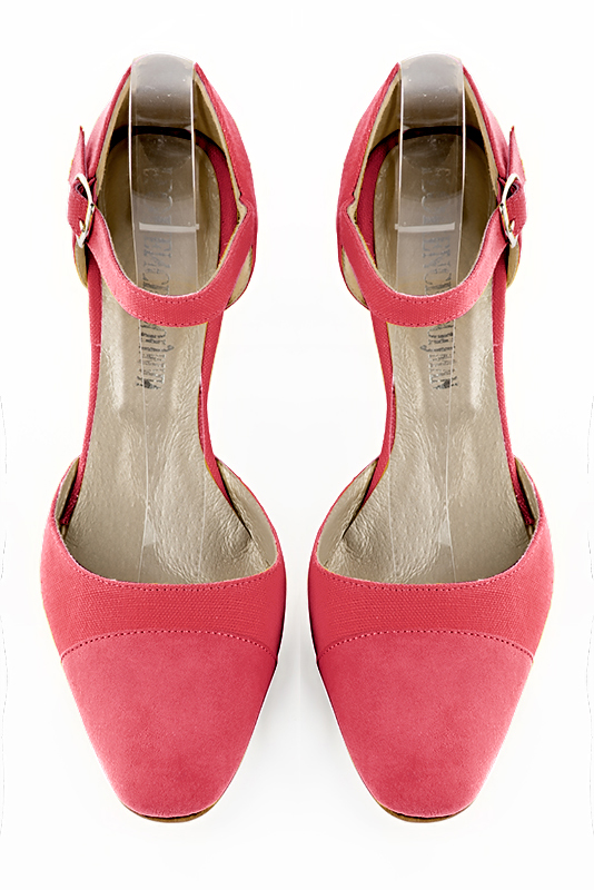 Carnation pink women's open side shoes, with an instep strap. Round toe. High kitten heels. Top view - Florence KOOIJMAN